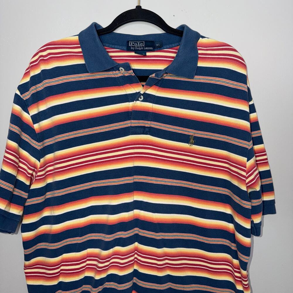 Polo Ralph Lauren Mens Size XL Blue Yellow Orange Stripe Short Sleeve Polo Shirt